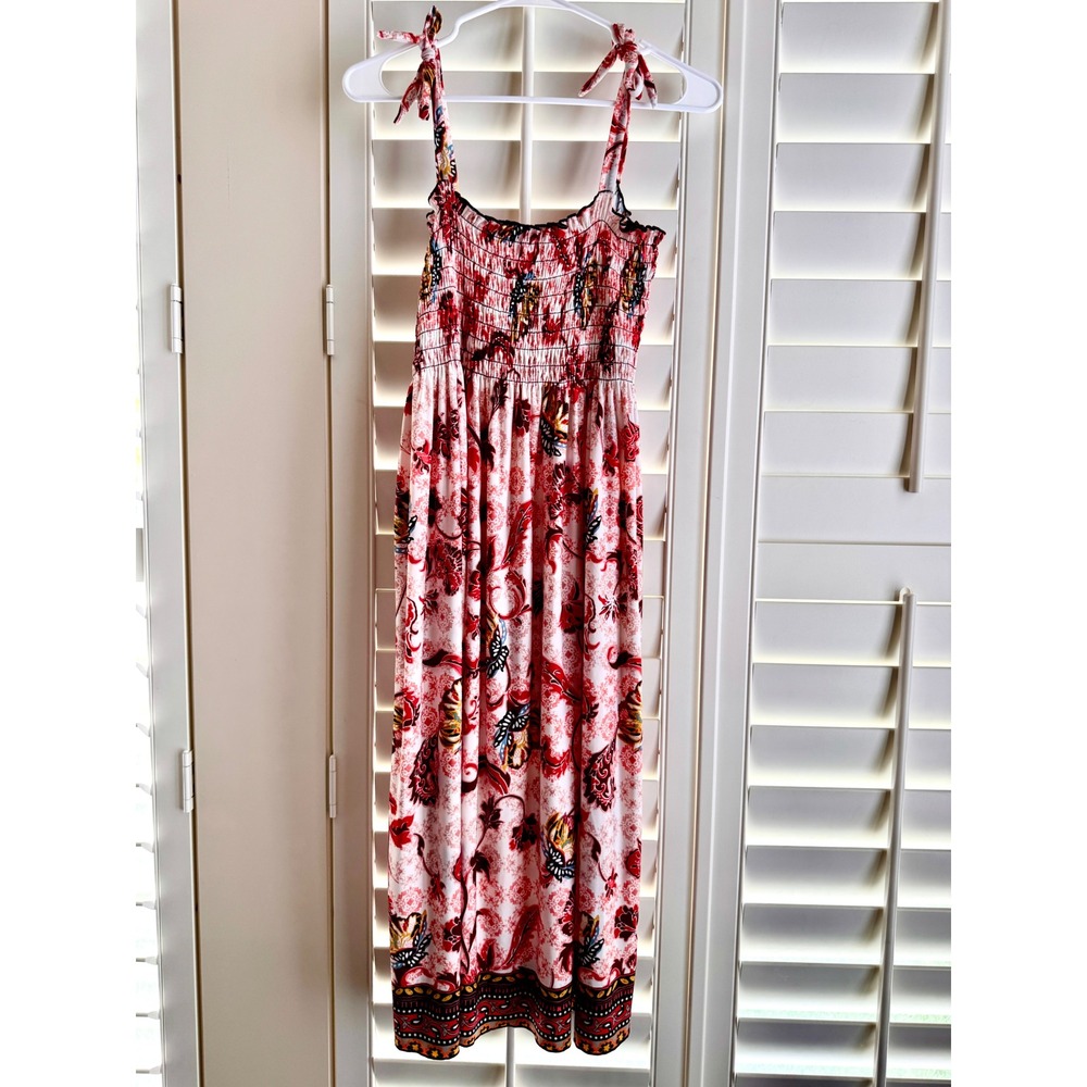 Lildy Boho Floral Paisley Maxi Dress Red‎ Smocked Tie Shoulder L-XL Sundress